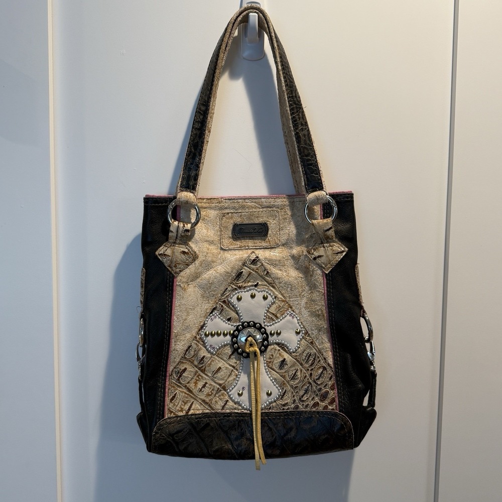 Bonita West Western Cross Tote Bag Croc Embossed Studded Cowgirl Purse Festival